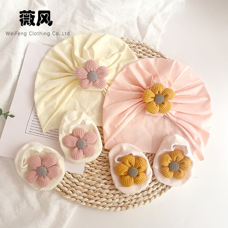 Spring and summer baby hat socks set baby girl cute little flower cap newborn soft breathable fontanelle hat