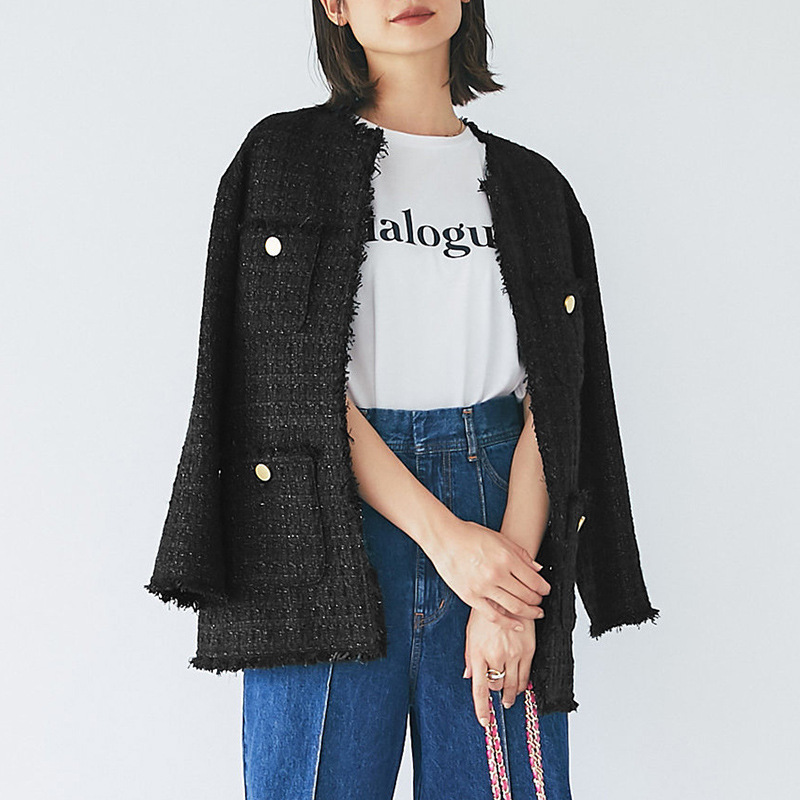 Round neck metal buckle Chanel style loose short coat autumn and winter Japanese mid-length woven tweed design top