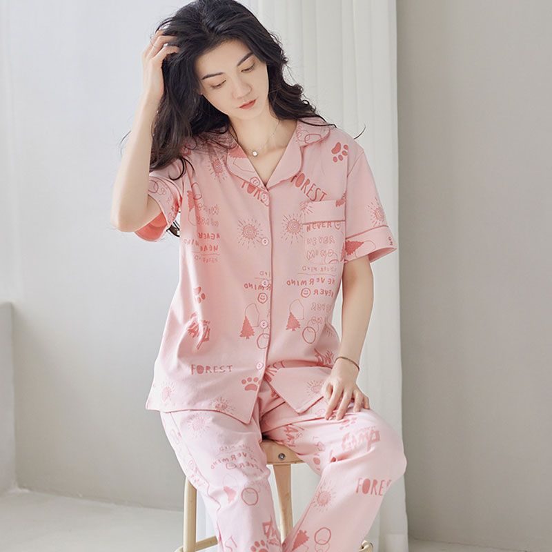 100% pijamas de algodón de verano de las mujeres pantalones de manga corta cardigan dulce verano Delgado homewear traje