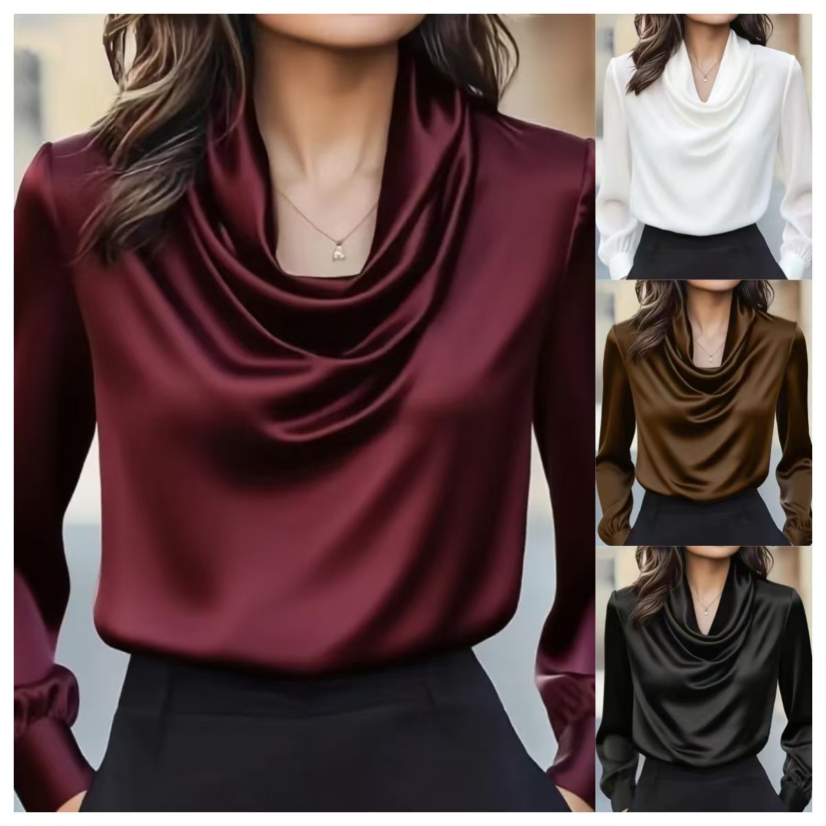 Elegant Drape Neck Long Sleeve Blouse - Autumn Fashion Pure Color Minimalist Shirt For Women, Office & Casual Wear (Black/White/Wine/Coffee, S-XXL)​_ecoleips.com