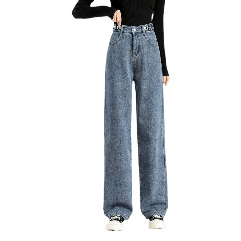 Утолщенные светло-голубые широкие джинсы на флисовой подкладке для девочек, женские зимние новые подходящие ко всему прямые теплые брюки для студентов, оптовая продажа