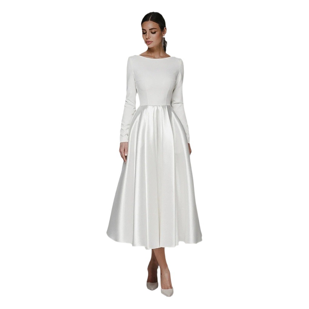 Elegante Vestido de Noche para Mujer, Nuevo Estilo Otoño 2025, Vestido Blanco de Manga Larga para Banquete, Fotografía de Viajes, Estilo Bosque, Suministro de Fábrica.