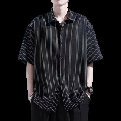Summer ice silk striped five-quarter sleeve shirt, men's casual thin loose black high-quality handsome short-sleeved shirt