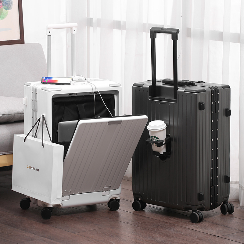 2024 Multifunctional Front Opening Luggage Case USB Charging Trolley Case with Cup Holder, Travel Case, Stool, and Smart Charging
