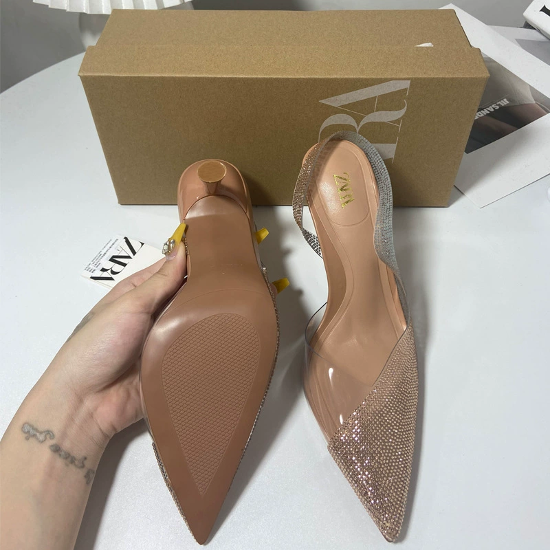 ZA новая 2024 летняя заострённая стрижка с rhinestones high heels feminine shallow mouth, изящная подошва, завязка пояса, sand shoes feminine tide