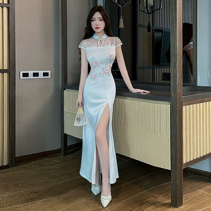 2024 новый улучшенный чонсам вышивка трехмерный цветок сексуальная высокая вилка тонкая талия оригинальная французская юбка