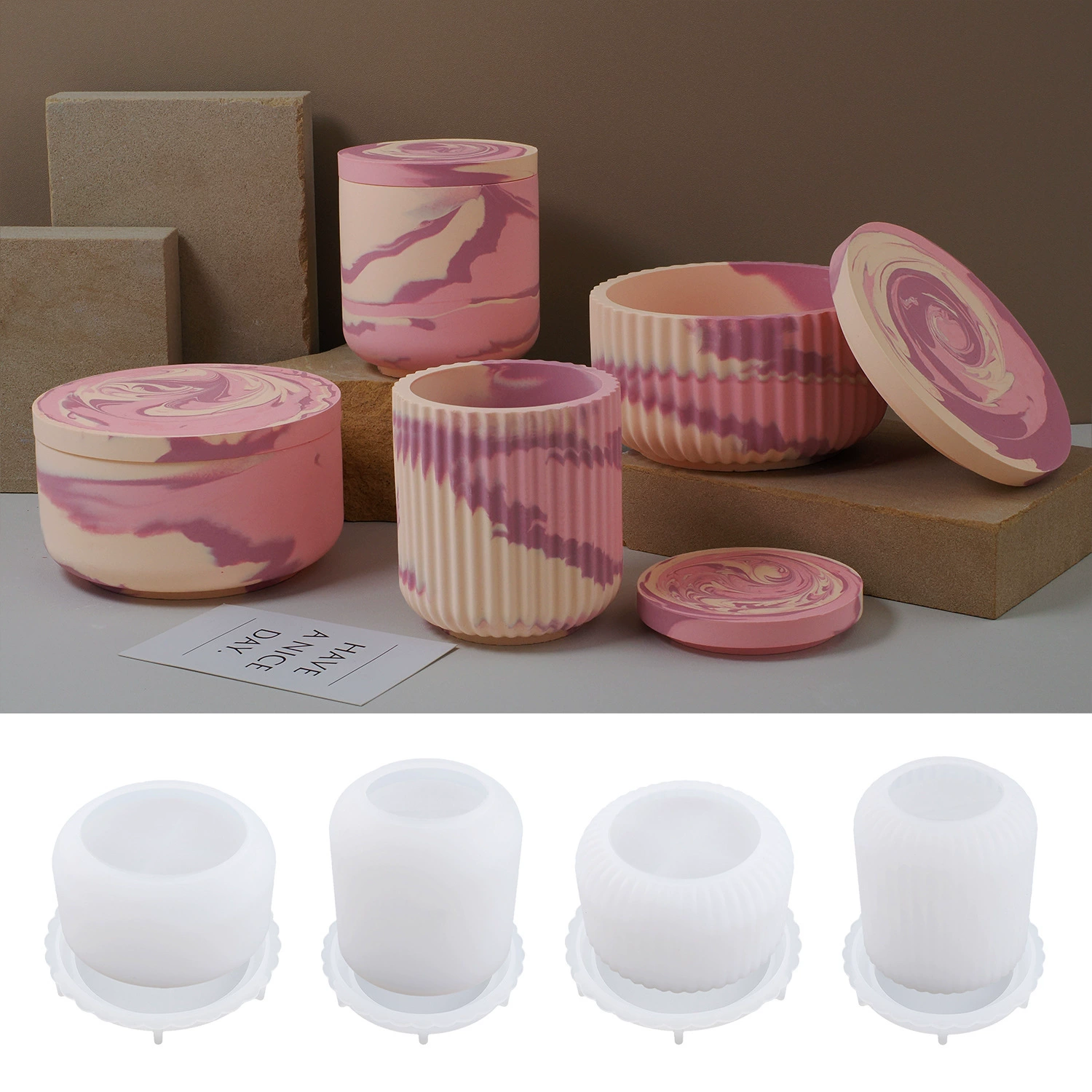 Самодельная гипсовая цементная свеча с гладкой поверхностью и крышкой, цветочная поверхность с крышкой, зеркальная силиконовая форма, креативное украшение.