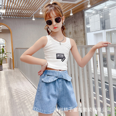 2021 new pattern girl summer cowboy shorts Children's clothing Big boy Thin section children Summer wear trousers Exorcism Jeans