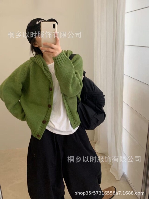 以时 文艺复古风厚实毛衣外套 25秋冬季新款宽松连帽针织开衫 女|undefined