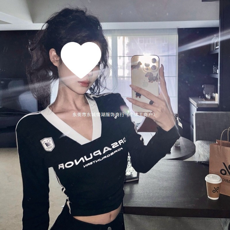 美式辣妹撞色字母复古打底印花长袖秋季运动恤显瘦修身短款上衣|undefined