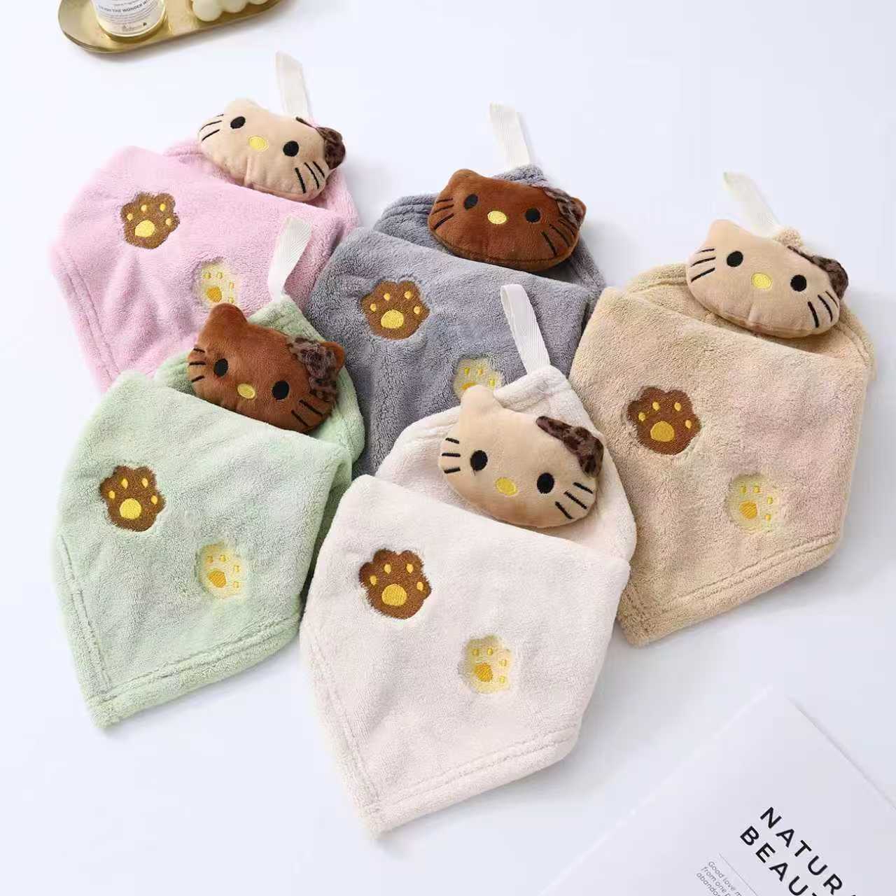 New Kt Cat Coral Velvet Hand Towel Cute Japanese Style Doll Small Square Towel Cartoon Kitchen Hanging Hand Towel