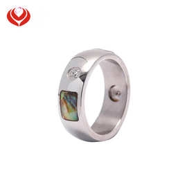 欧美跨境新品不锈钢戒指环彩色贝壳片滴油时尚男士钛钢指环手饰品
