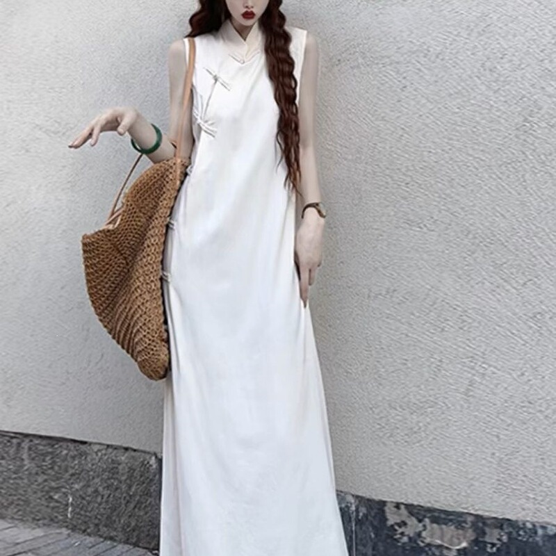 2025 New Chinese-Style Improved Loose-Fitting Cheongsam Dress with Buttoned Vest for Tall Individuals, Extended Length