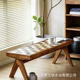 老榆木拼花长条凳客厅入门玄关椅换鞋凳棋盘格民宿酒店餐厅餐椅凳