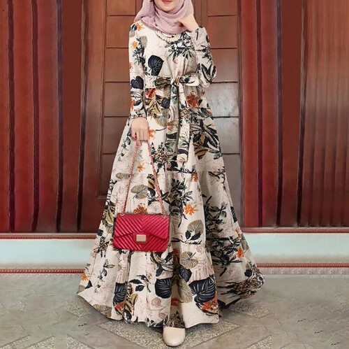 AliExpress Muslim Street Fashion Long-Sleeve Round Neck Print Elegant Loose Dress