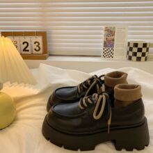 粗跟厚底增高系带小皮鞋女2023年春秋季新款百搭英伦风复古单鞋子