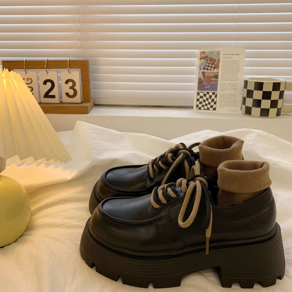 粗跟厚底增高系带小皮鞋女2023年春秋季新款百搭英伦风复古单鞋子