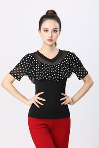 Black with white polka dot Ballroom Latin dance salsa cha cha dance tops for women girls modern dance blouses modern jitterbug clothing