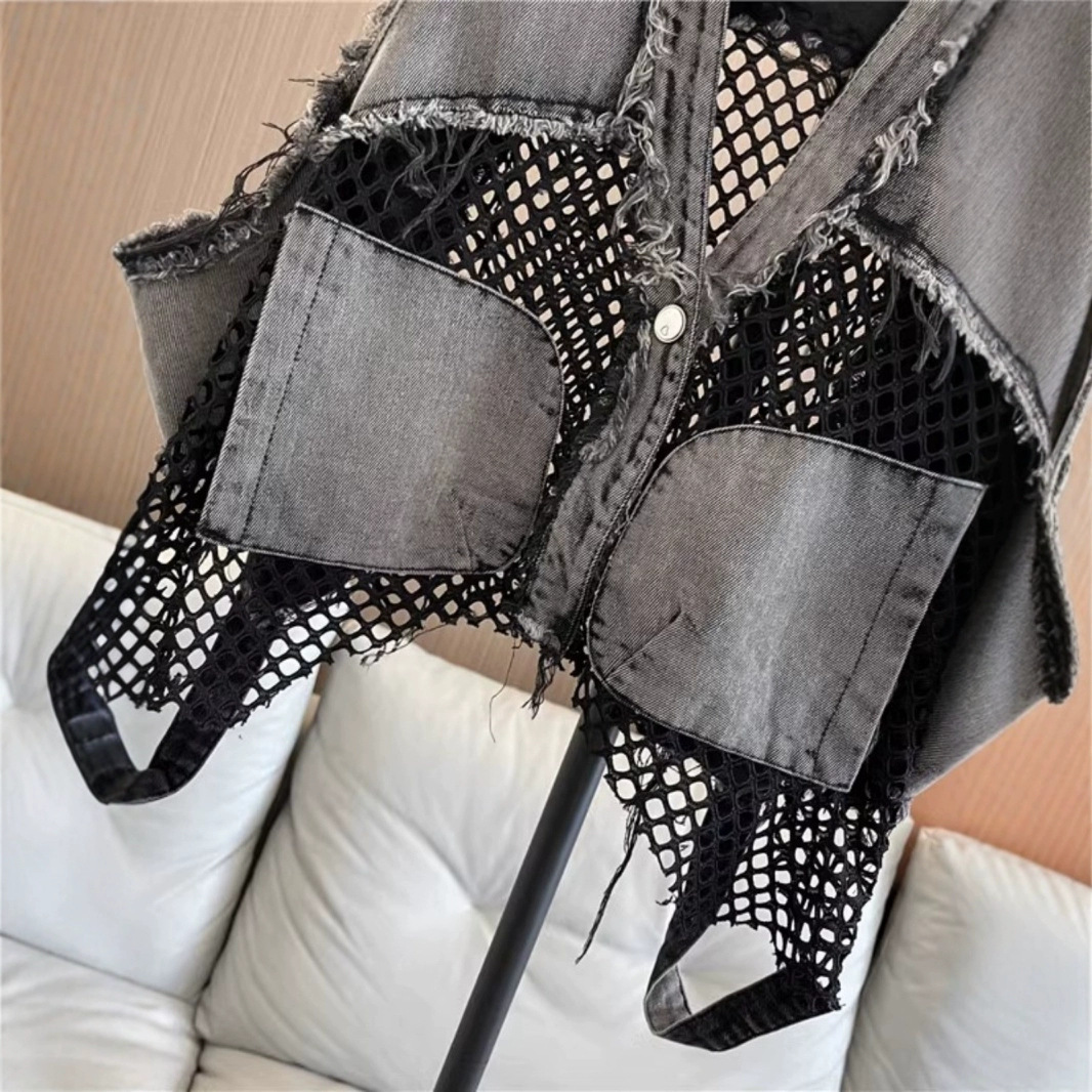 Productos europeos American Street Cowboy Chaleco Mujer 2025 Primavera y otoño Nuevo estilo Diseño de costura de malla Chaleco corto Top Tendencia