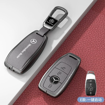 Car key bag Leather - standard-e-model-one-button-start-gray-zinc-alloy-shell-car-logo-square-buckle