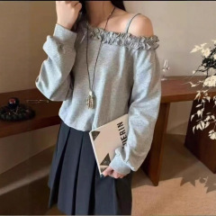 设计感立体花边露肩卫衣2025早秋新款韩版宽松休闲一字肩花边上衣
