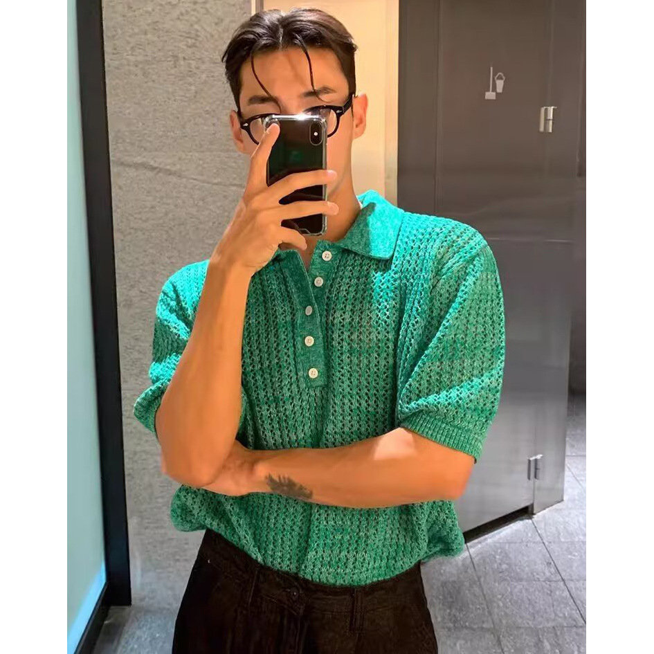 Polo camiseta de punto camiseta de manga corta camiseta de hombre solapa hueco textural viejo dinero viento hielo seda fábrica transfronteriza al por mayor