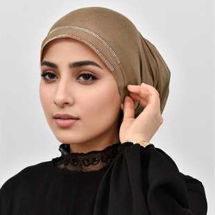Xiyin's Best-Selling New Double-Row Rhinestone Mercerized Cotton Tube Hat for Muslim Ladies High-Elasticity Versatile Hot Rhinestone Ethnic Hat