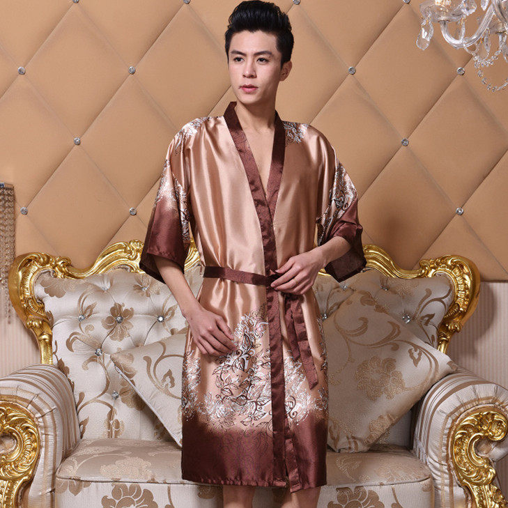 Cross-Border Ice Silk Nightgown for Men, Summer Short-Sleeved Thin Silk Bathrobe, Long Sexy Pajamas for Men, Men's Home Wear
