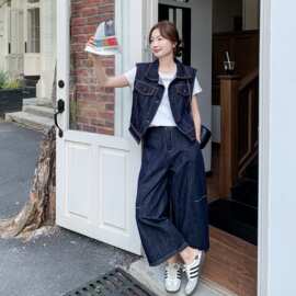 韩系chic复古牛仔套装女夏新款又酷又飒休闲马甲T恤阔腿裤三件套