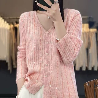 春秋款小香风毛衣开衫外套女v领亮片洋气珍珠扣针织衫上衣女装批