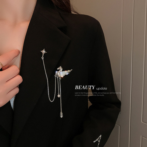 Diamond Pegasus four-pointed star tassel brooch Korean ins cold style metallic pin temperament clothing accessories