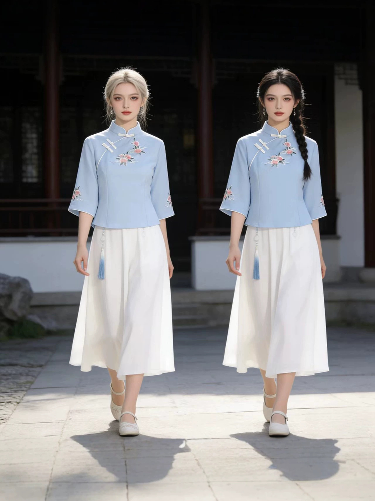 Retro Republic of China style Chinese jacket seven sleeve Tang suit camellia embroidery cheongsam tasse skirt factory batch can be fixed LOGO Retro Republic of China style Chinese jacket seven sleeve Tang suit camellia embroidery cheongsam tasse skirt factory batch can be fixed LOGO