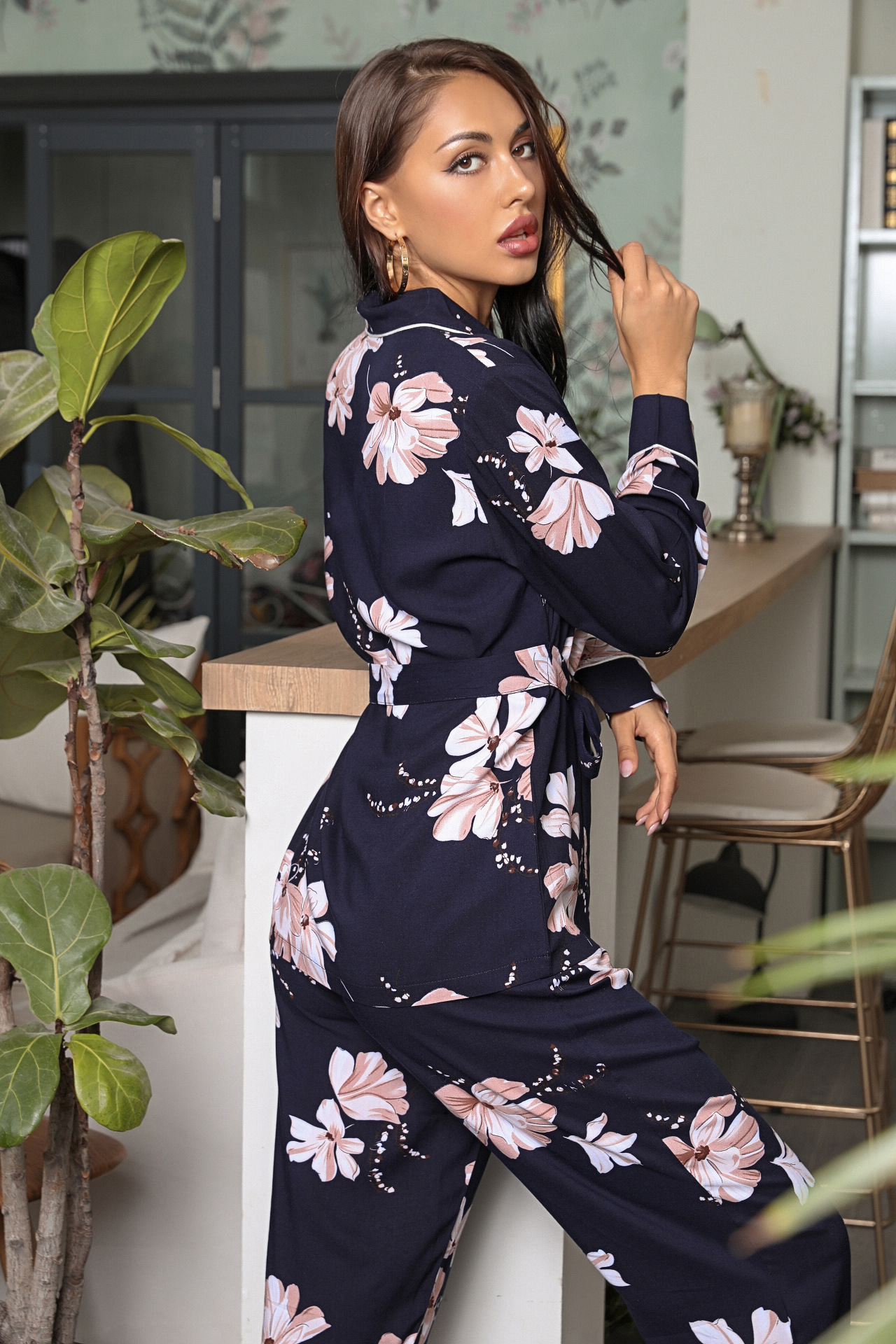 v neck loose lapel long-sleeved flower print two-piece Loungewear-Can be worn outside NSWFC130539