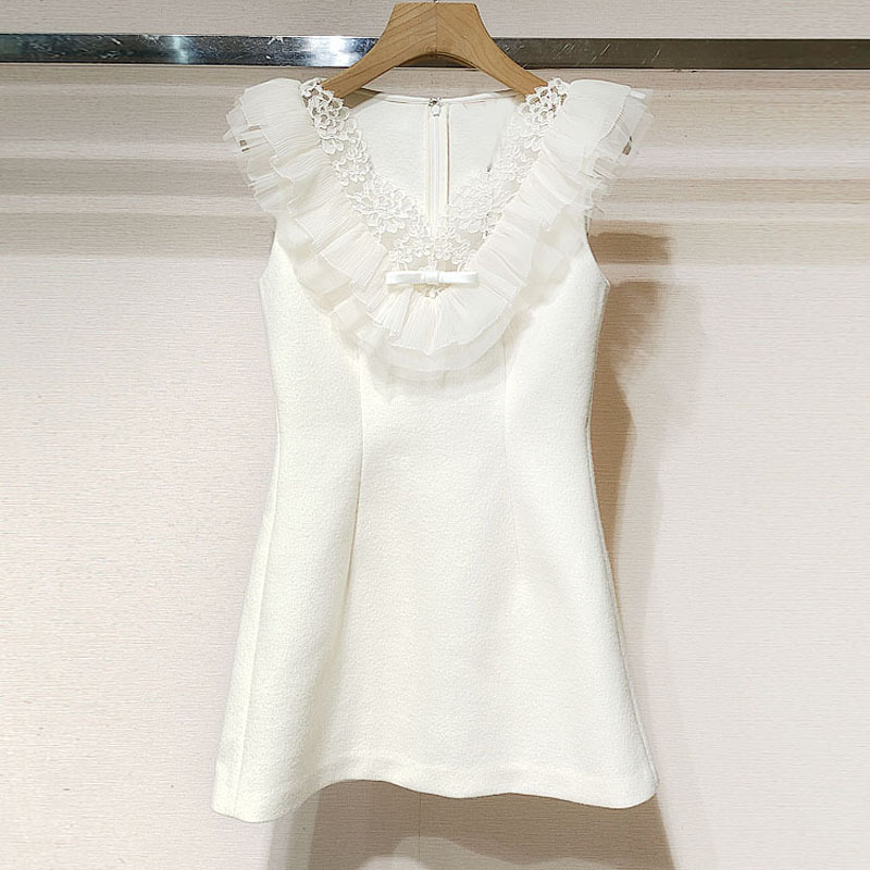 1件起批2025冬女装 XRJ7L08D网纱拼接V领羊毛呢无袖连衣裙S250771