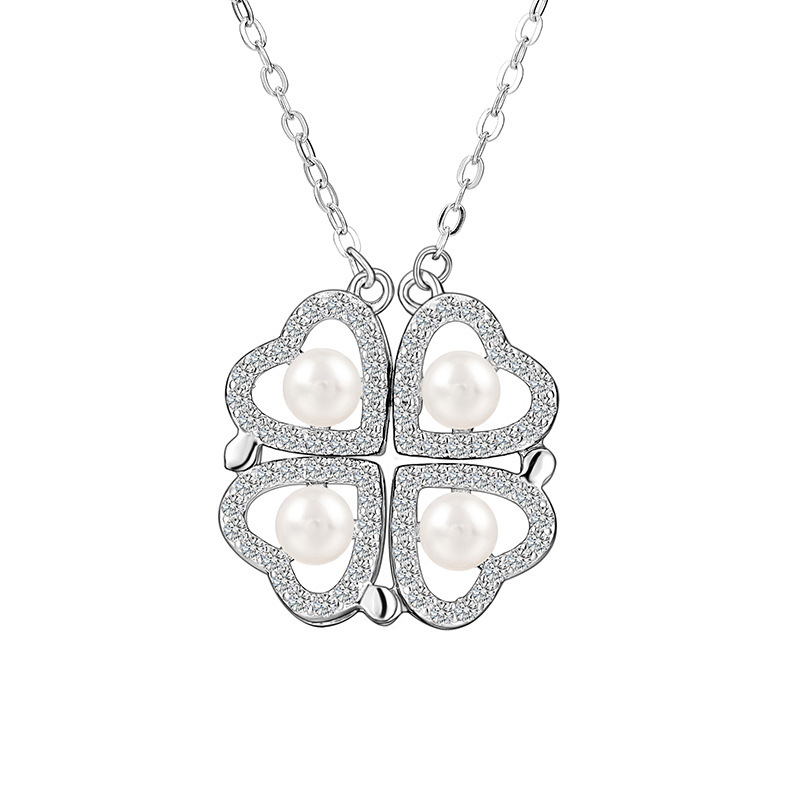 Silverhalsband med pärlor för damer hjärta och klöver_voghion.com