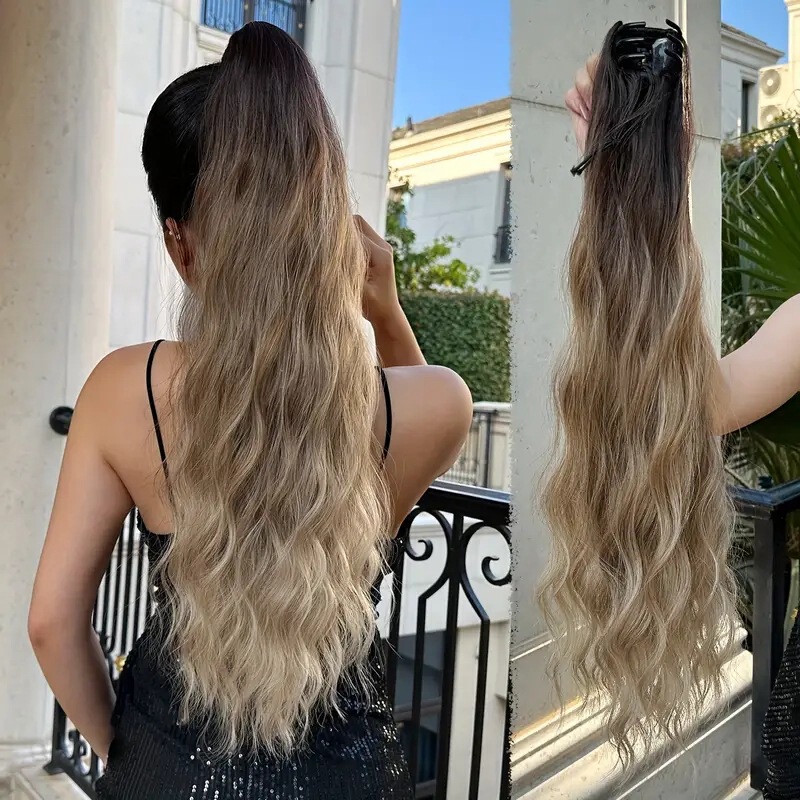 Clamping Long Ponytail Roll 24 Inch Curved Wave Straight Clip Wig Long Ponytail Women's Brown Braid in stock