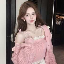 甜美风温柔立体花朵针织粉色毛衣女秋冬新款开衫吊带背心两件套潮
