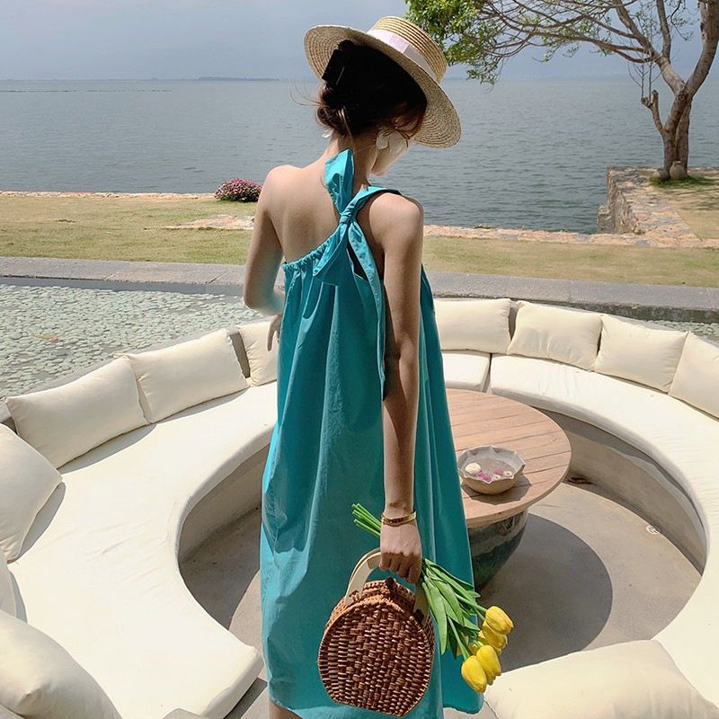 해변 원피스 도파민 요정 싼야 여름 백리스 슈퍼 페어리 해변 휴가 원피스 프랑스 스타일 레트로 긴 원피스 스트랩