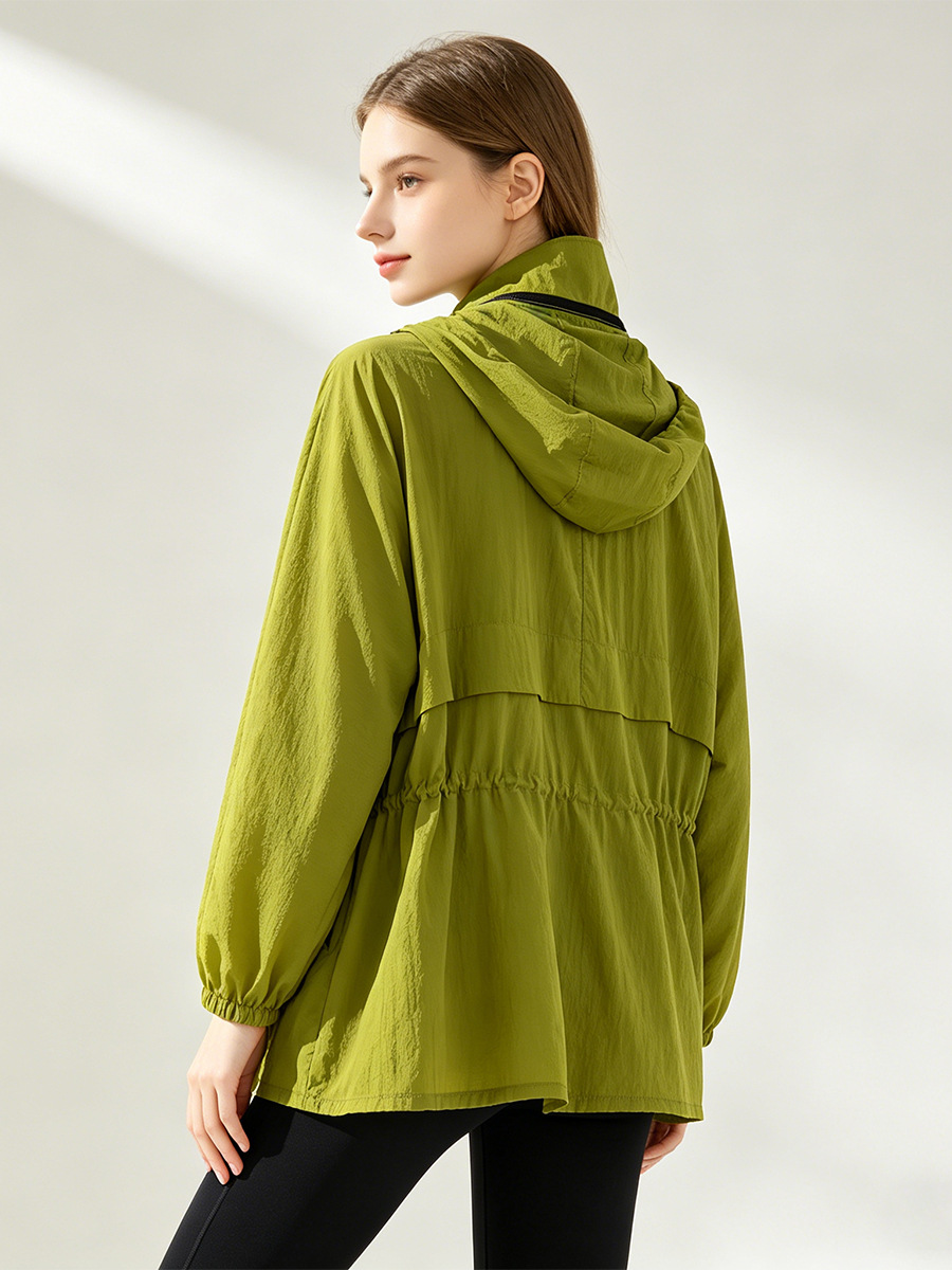 Áo chống nắng nữ dáng dài có mũ, chất liệu nylon mỏng nhẹ thoáng khí — Màu xanh lá cây