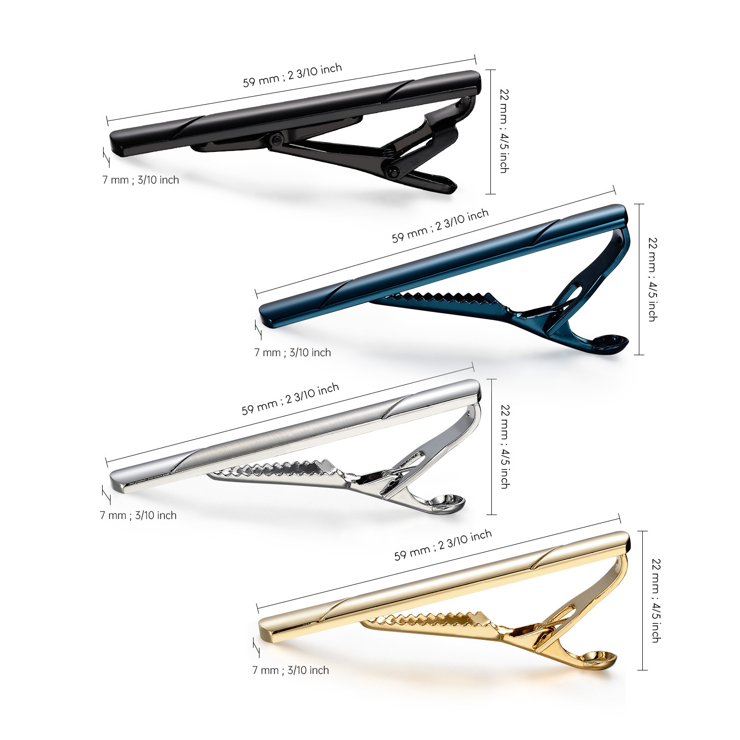 Set di quattro fermacravatte di alta gamma Dai Li in twill lucido francese, nei colori oro, argento, blu e nero K37_voghion.com