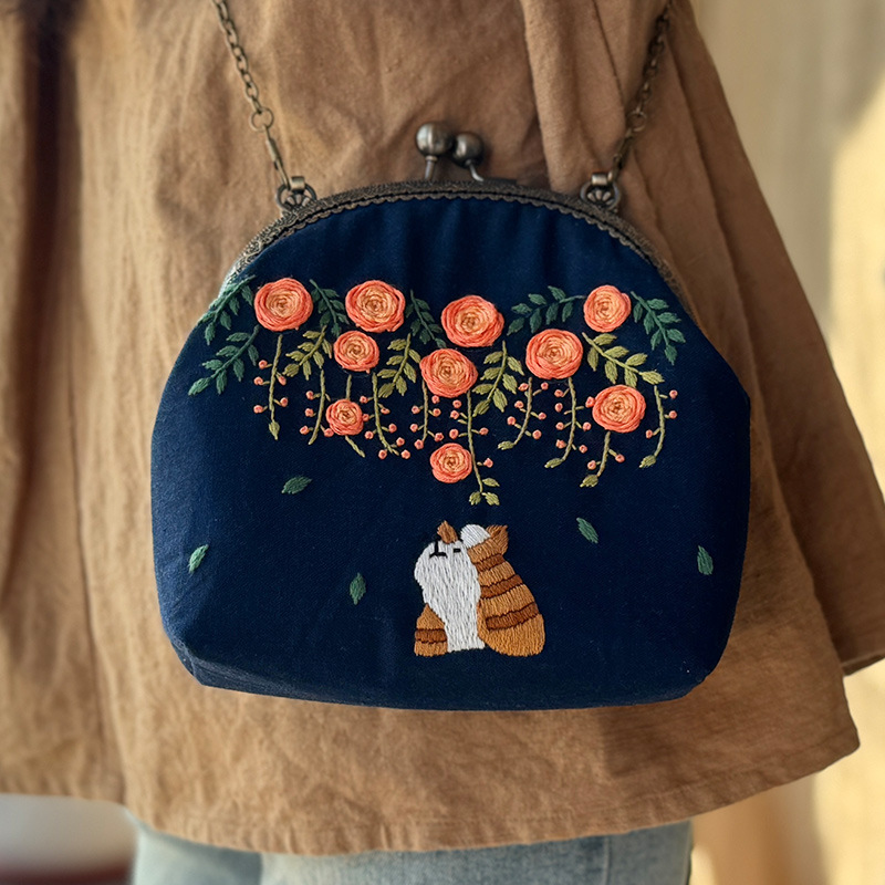 Cute gato Lu bordado bordado diy bolso de oro hecho a mano bolso de material creativo bolso regalo de novia