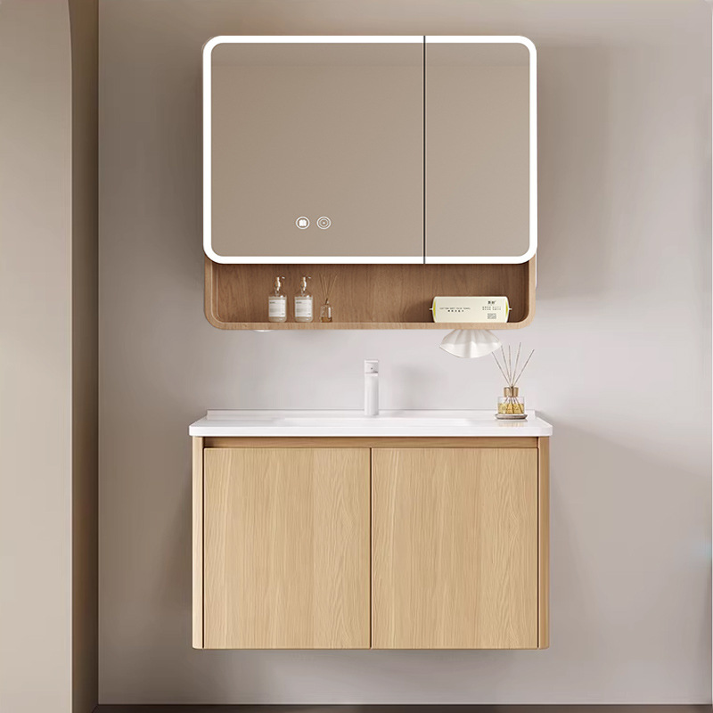 Natural Wood Color Honeycomb Aluminum Bathroom Cabinet Mirror Cabinet Combination with Rounded Corner Ceramic Integrated Basin Washbasin Sink