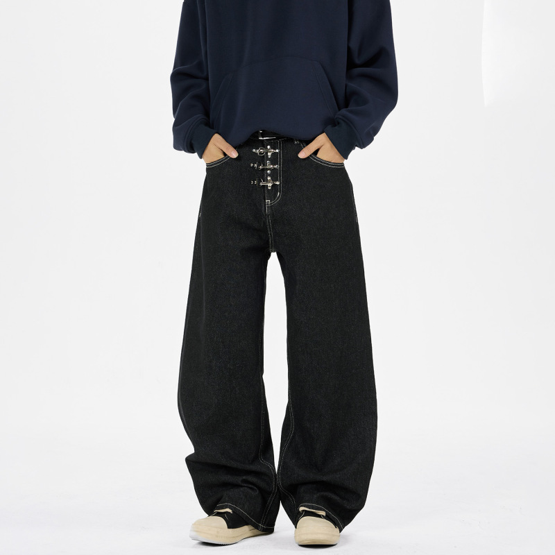 Trendy Brand Airplane Buckle Front Placket Raw Denim Jeans for Men and Women, Spring and Autumn American Style Drapey Straight Loose Wide-Leg Curved Pants