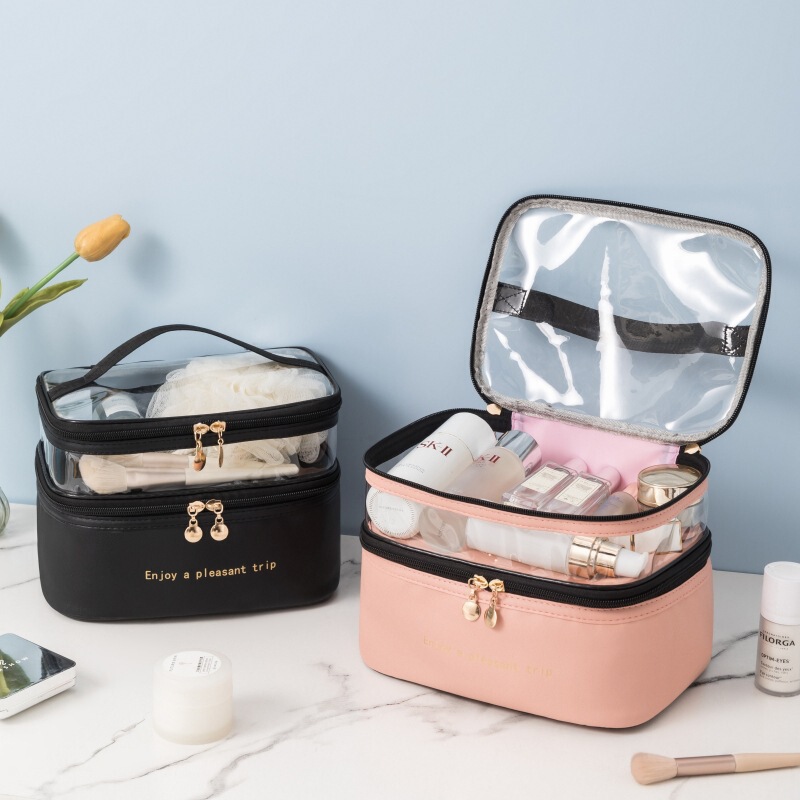 Double-Layer Transparent Pu Cosmetic Bag Pure Color Portable Wash Bag Classy Large-Capacity Cosmetic Travel Cosmetics Bag