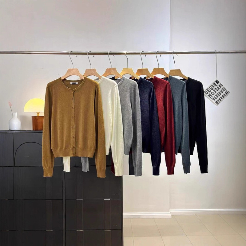 2025 Autumn/Winter Women's Fine Merino Wool Round Neck Long Sleeve Knitted Cardigan Machine Washable Sweater 478331