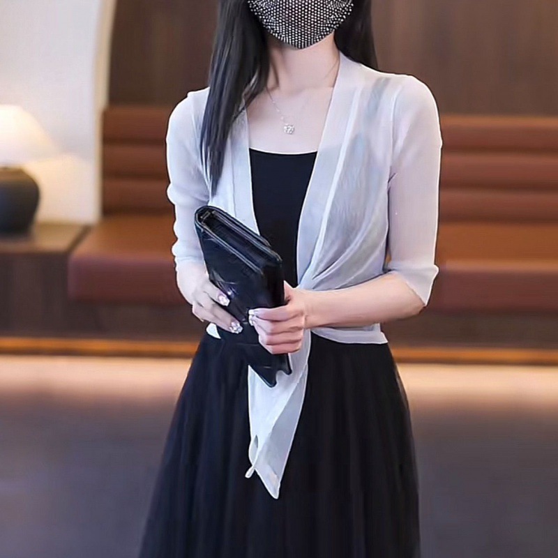 金银丝外搭弹力网纱小披肩女士开衫大码蕾丝防晒衣空调衫镂空搭肩