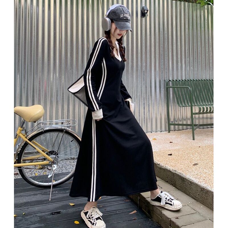 Plus-Size Women's Autumn and Winter Striped V-Neck Long-Sleeve T-Shirt Dress, Korean Style High-End A-Line Long Dress Plus-Size Women's Autumn and Winter Striped V-Neck Long-Sleeve T-Shirt Dress, Korean Style High-End A-Line Long Dress