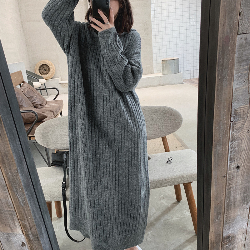 Winter woolen base long knitted dress with hood