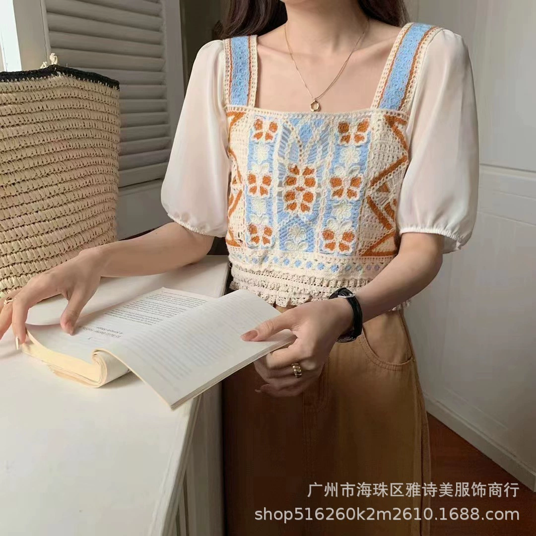 Knitted short shirt, french style, Chanel style, with short sleeve, loose fit