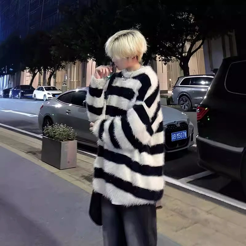 Черно-белый полосатый пушистый свитер гиппопона мужской ленивый ветер пушный свитер oversize пара пальто